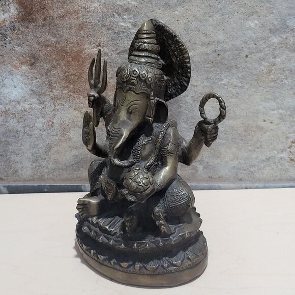 Vintage Metal Brass Seated Ganapati Ganesh Elephant Buddha Statue Sculpture - Picture 9 of 12